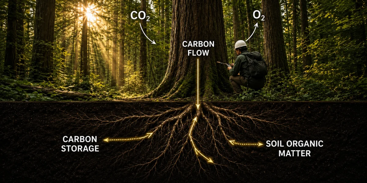 How a coast redwood moves carbon from canopy to long-term soil storage.