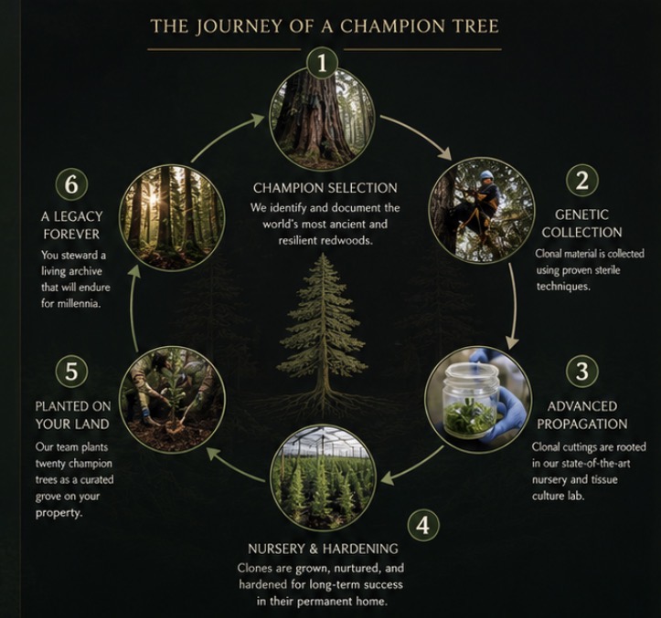 The journey of a champion tree: selection, genetic collection, propagation, nursery hardening, planting, and legacy.
