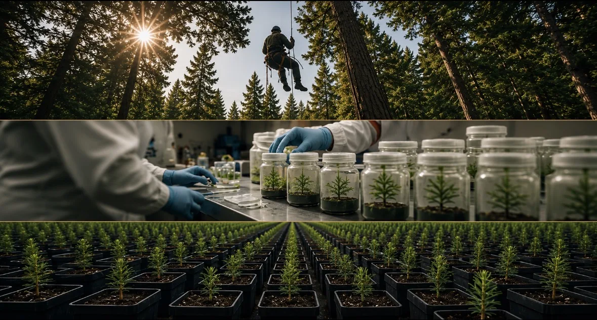 Cloning a champion redwood: canopy cutting collection, tissue-culture propagation, and nursery saplings.